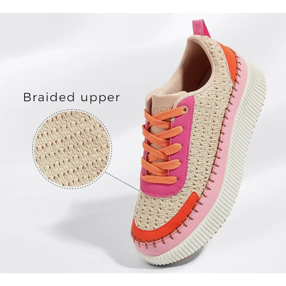 Lucky Step Women's Pink Orange Platform Sneakers Rhinestone Fashion Chunky Shoes - Picture 3 of 6